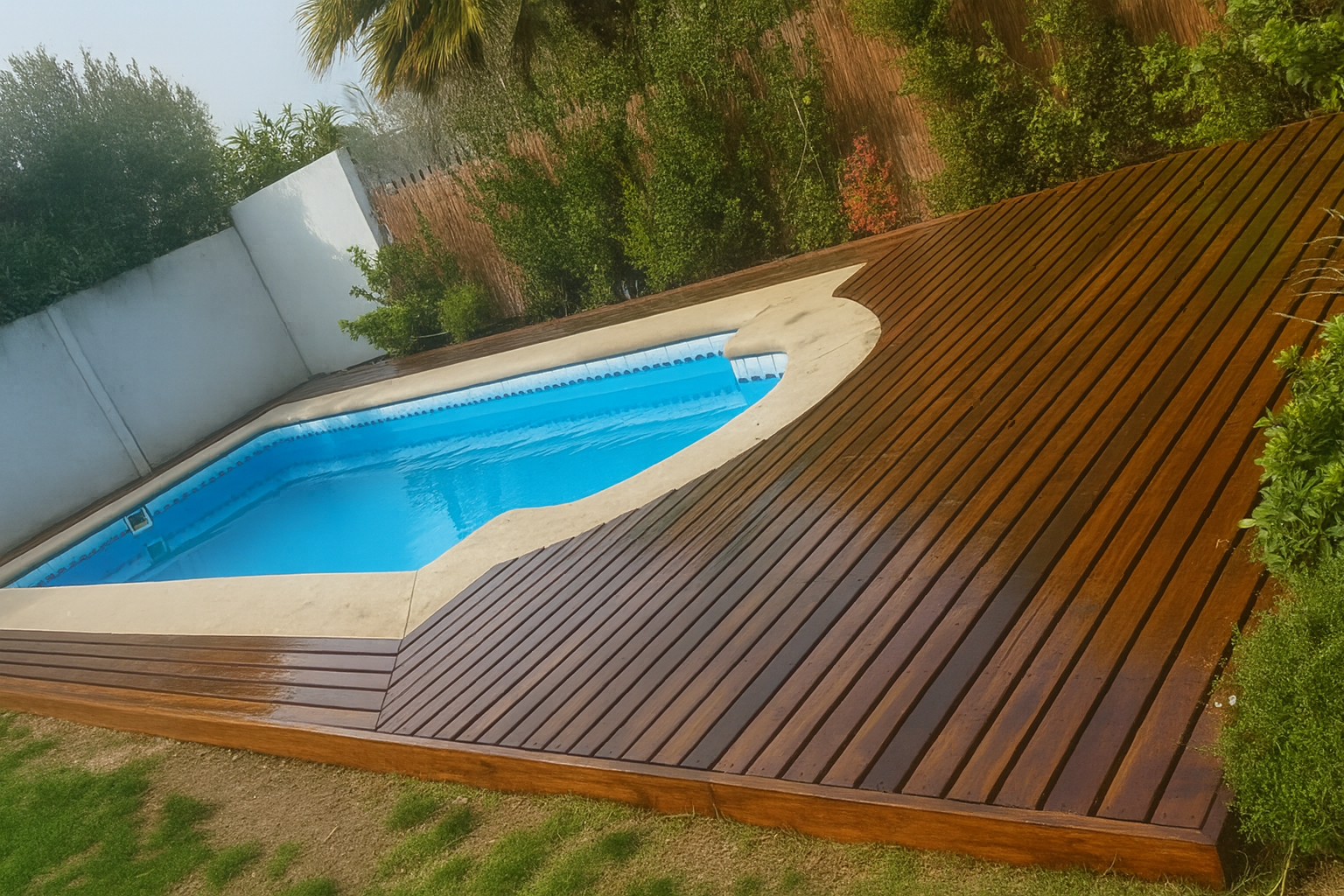Piscina Romana 7 × 3,40 m con deck de madera